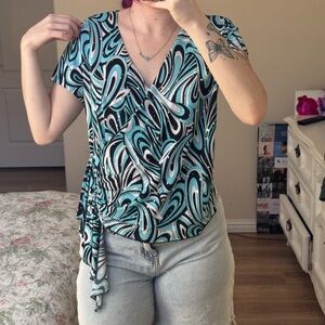 Brittany Black Swirl Wrap Top in Blue and Black